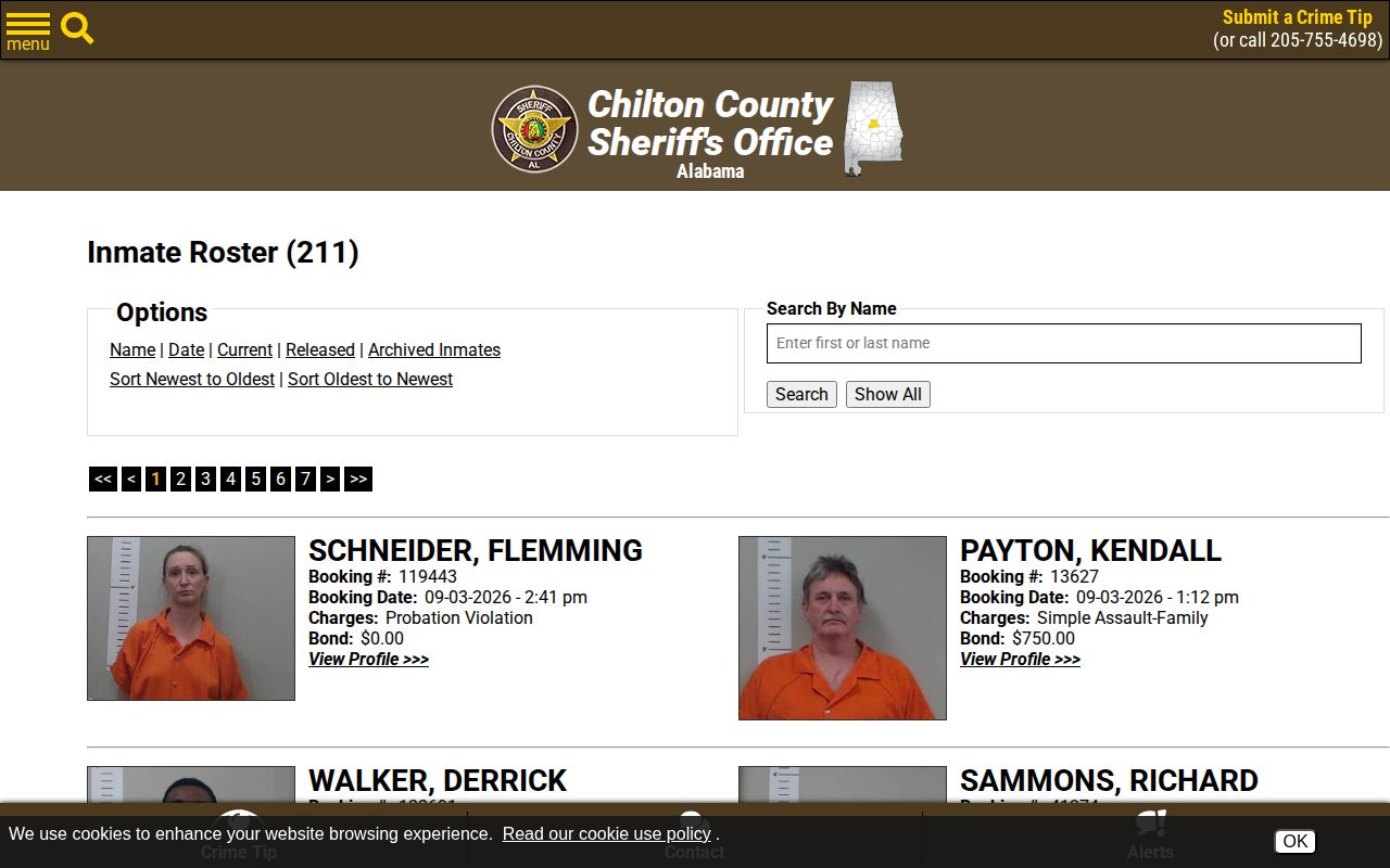 Chilton County current inmate roster search and sorting interface