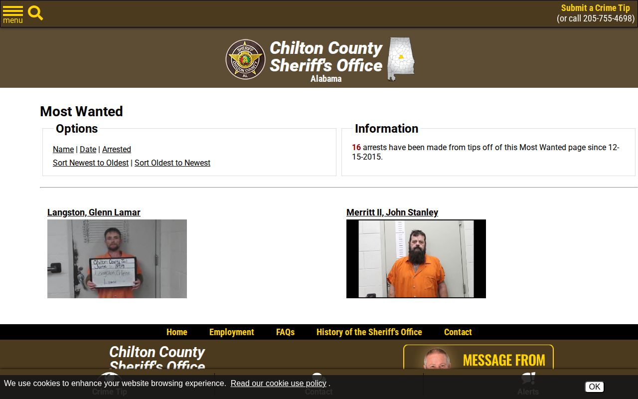 Chilton County Sheriff Most Wanted list and sorting controls