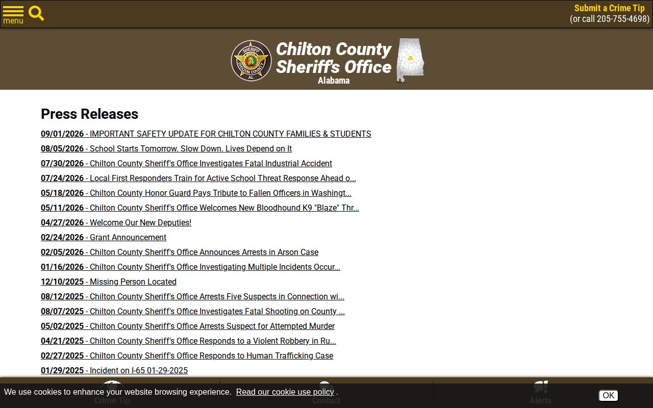 Chilton County Sheriff press release list for arrest news and agency announcements