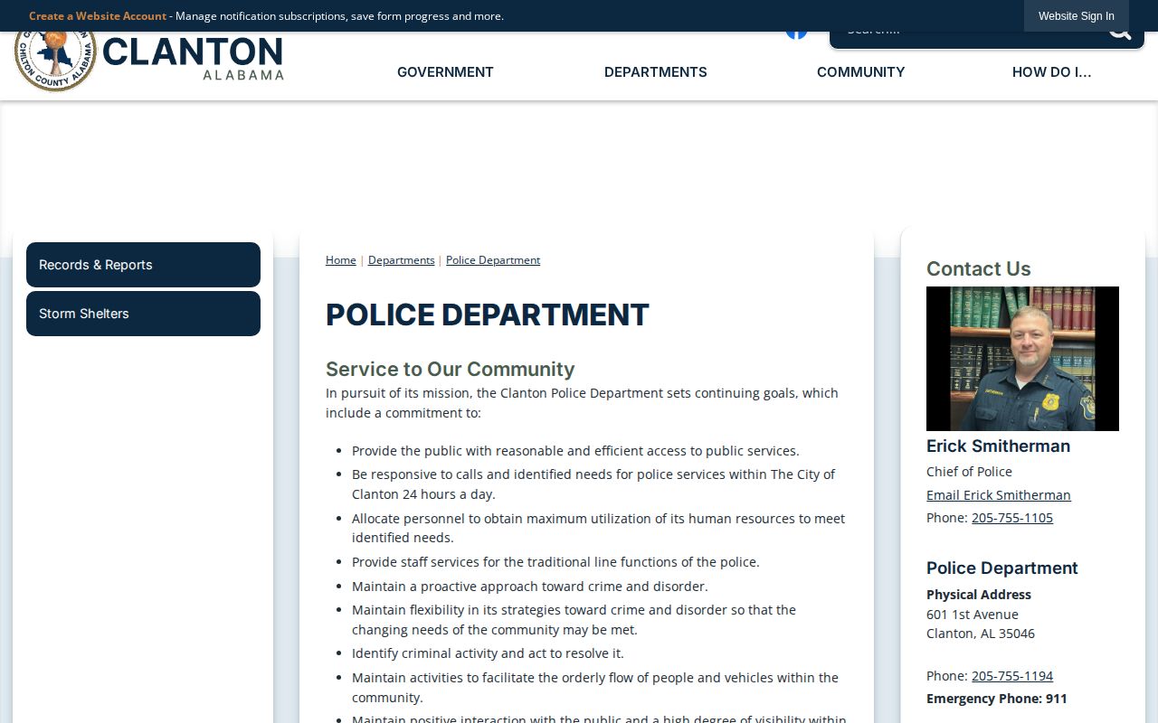 Official City of Clanton Police Department page with agency information