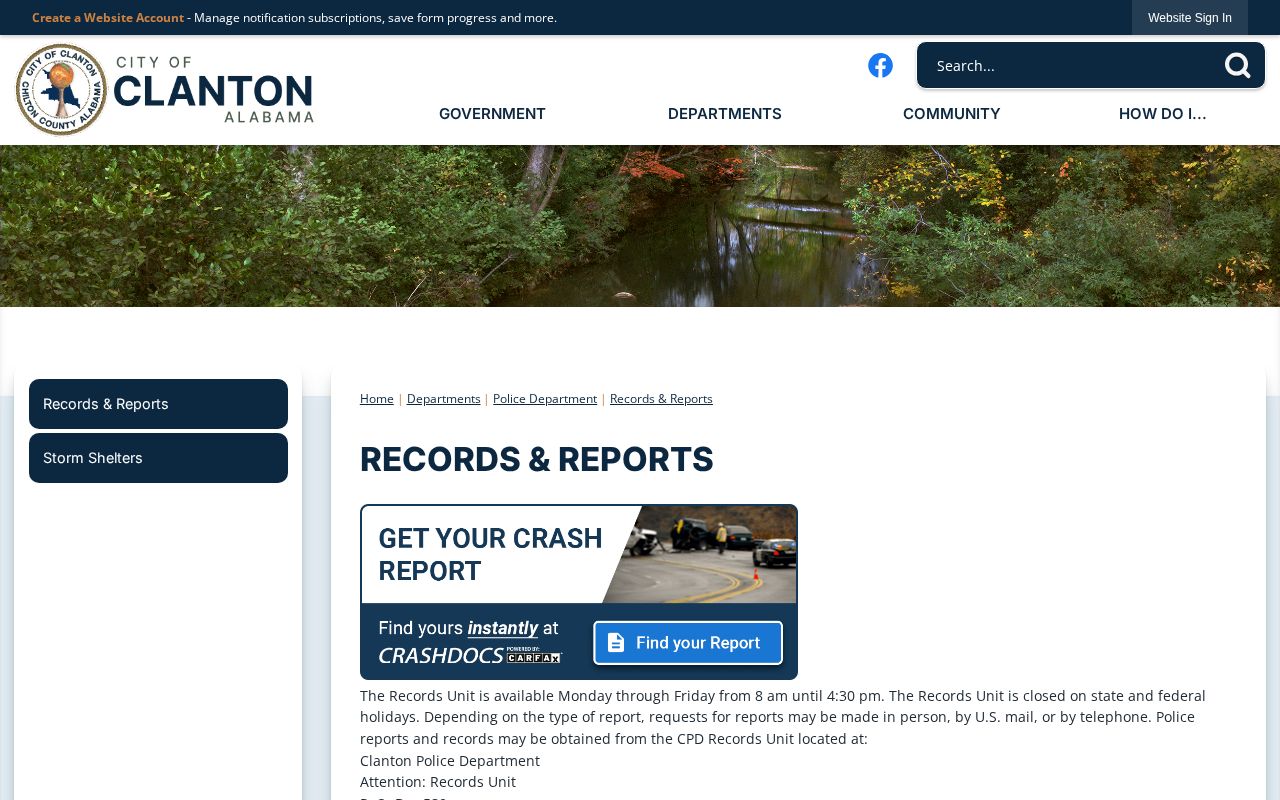 Official City of Clanton Records and Reports page for police record requests