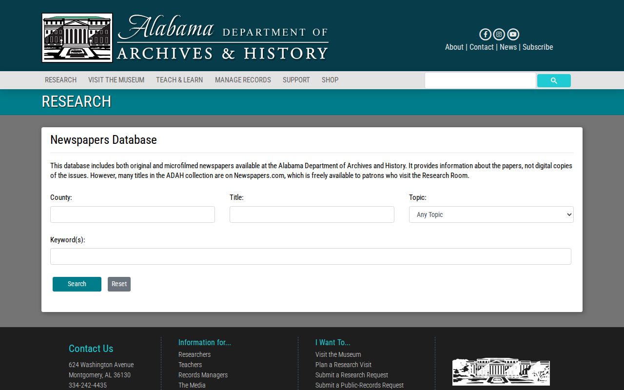 Alabama Department of Archives and History newspaper database for Chilton County archive research