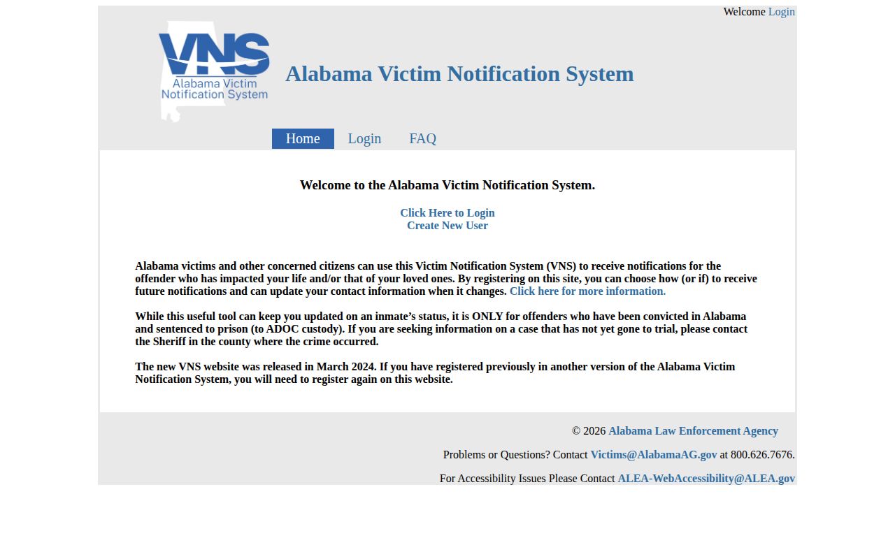 Official Alabama Victim Notification System page for sentenced offenders in state custody
