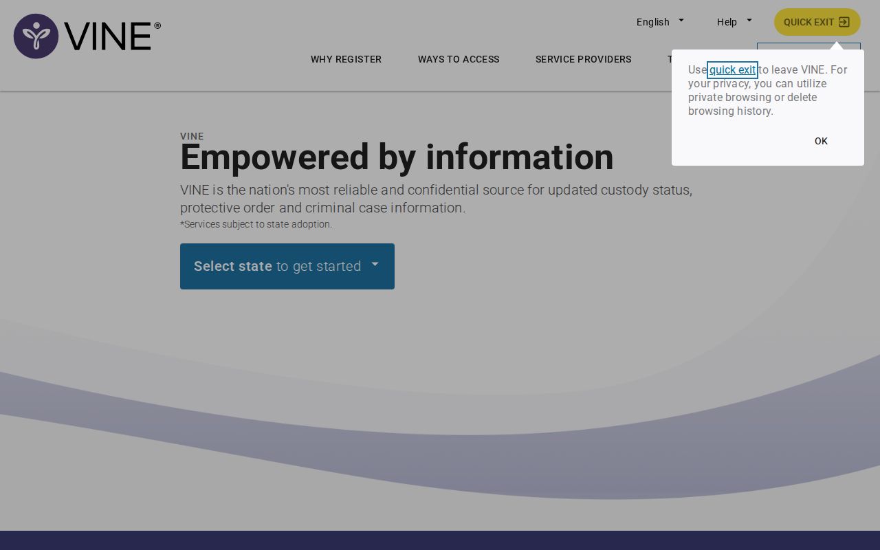VINELink alert registration screen for custody-change notifications