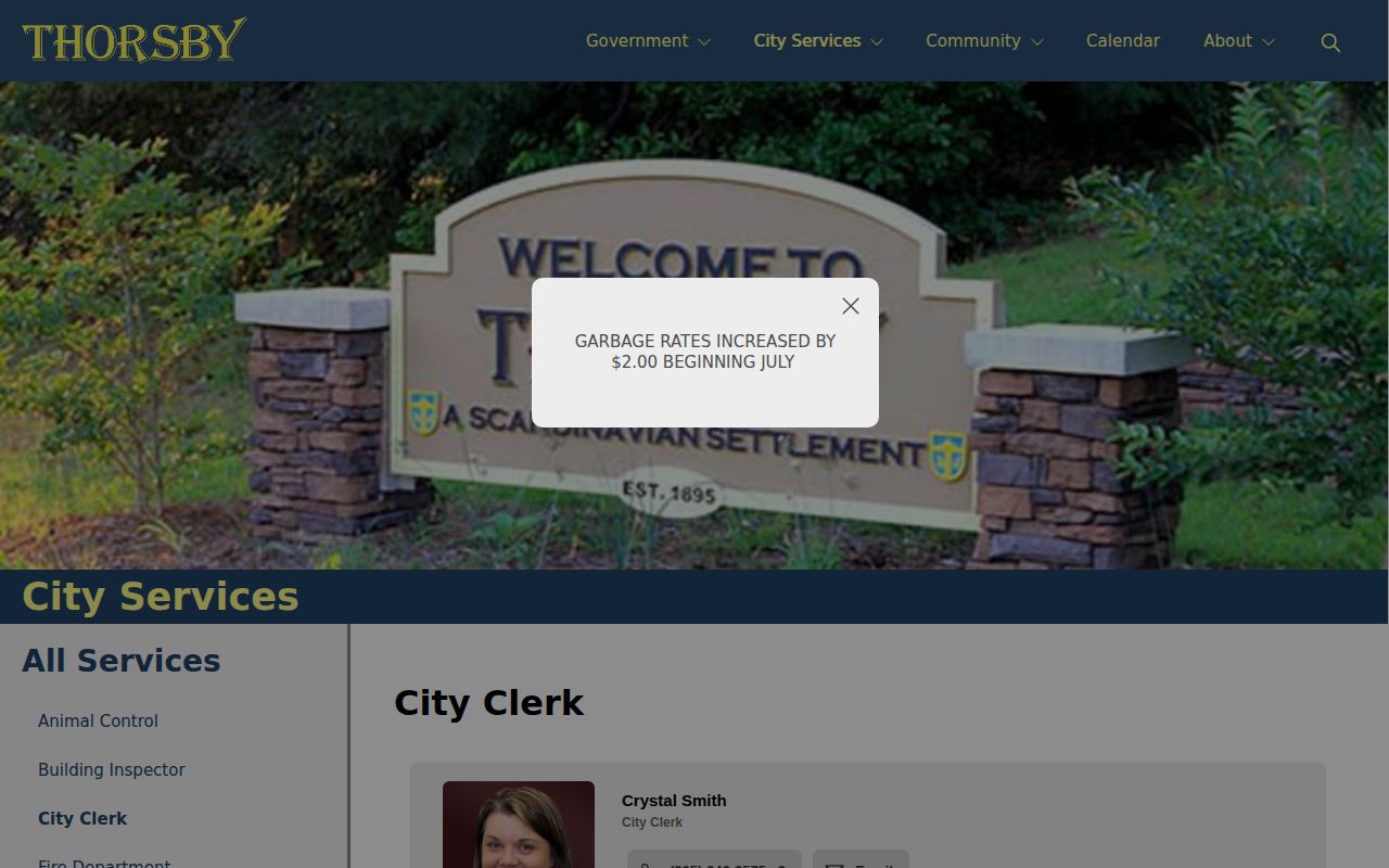 City of Thorsby clerk page showing police contact information for arrest report requests